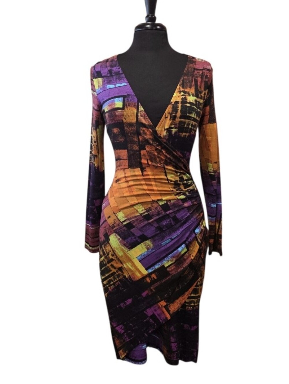 Cache Y2K Baddie Multicolor Abstract Faux Wrap Dress Purple, Orange Yellow
